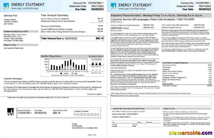 USA California PG&E Pacific Gas and Electric Company utility bill, 6 pages 1 2